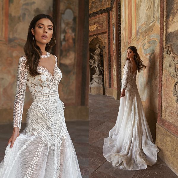 2020 Katy Corso Beach Abiti da sposa Manica lunga In pizzo con applicazioni di perline Abito da sposa all'aperto Una linea Abiti da sposa country Abiti da sposa