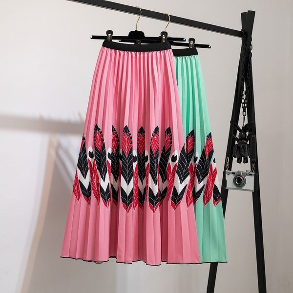 

pleated skirt women print empire elastic women skirt big swing party holiday high waist skirts pleated casual feather patterns, Black