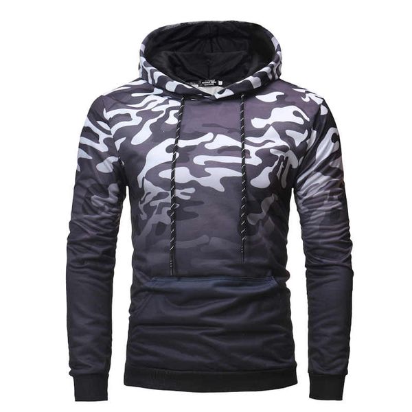

men's sportswear long sleeve sportswear pullover camouflage hoodie lined with a single coat, Black