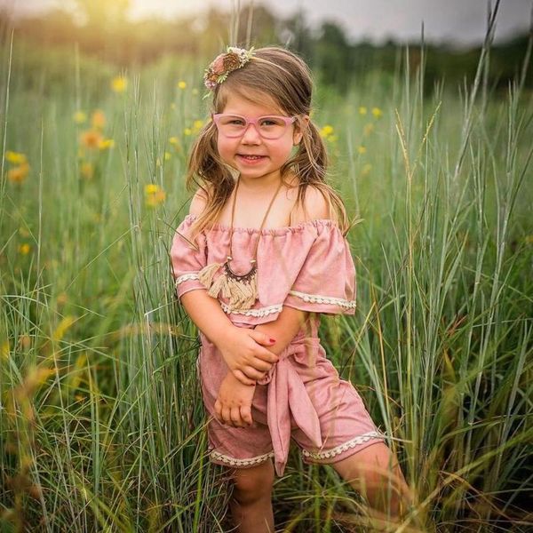 

summer kids clothes girls short sleeve solid lace off shoulder bodysuit jumpsuit childen embroidery european clothing 2020, Blue