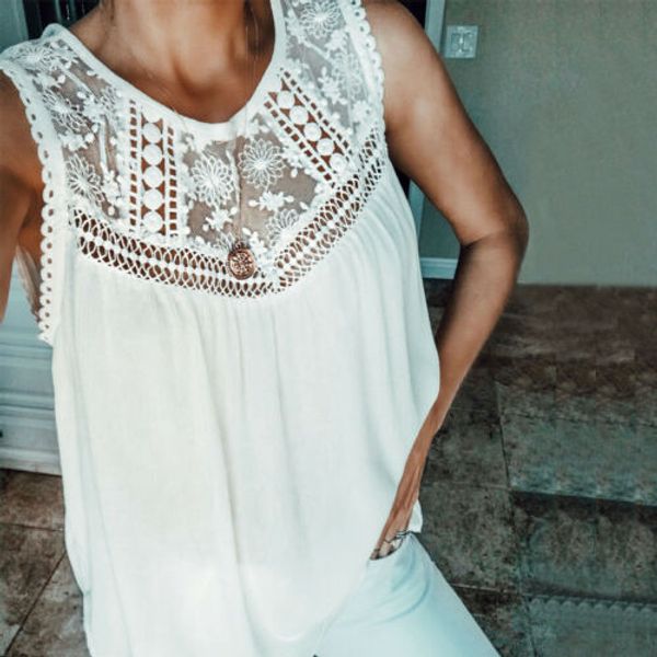 

2019 women's new floral summer t-shirts sleeveless hollow out women casual t-shirt, White