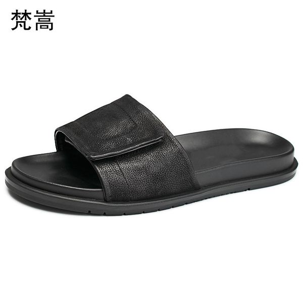 

summer slippers mens trend outdoor personality sandals men magic stickers men outside wear beach shoes genuine leather cowhide, Black