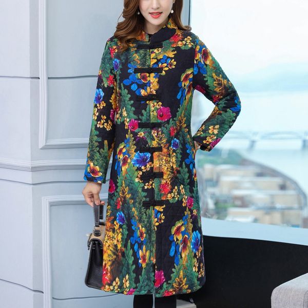 

l-5xl big size winter jacket women thick warm hooded parka cotton padded coat fleece hooded coat ethnic print women outwear#3, Black