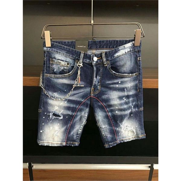 

men's jeans ripped shorts 2020 summer new biker casual vintage slim fit denim shorts male brand clothes with chains, Blue