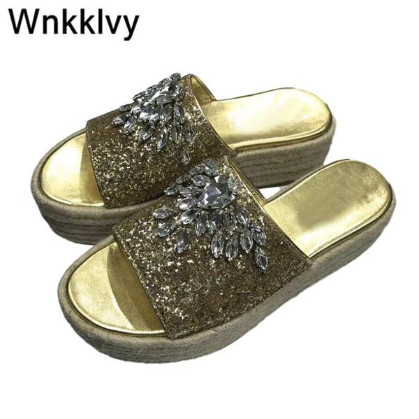 

rope slippers summer shoes woman flipflops bling bling crystal lazy mullers glittery platform wedge high heel sandals, Black