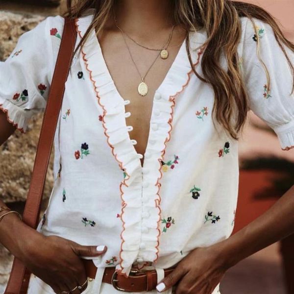 

blouse women cotton blouse woman v-neck floral embroidered short sleeves button front sweet elegant womens and blouses, White