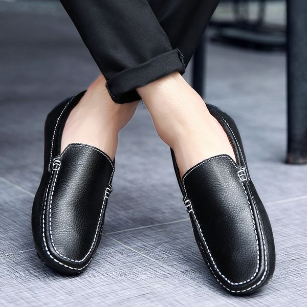 

leisure casual leather loafers shoes for men genuine leather flat slip on shoes fashion driving, Black