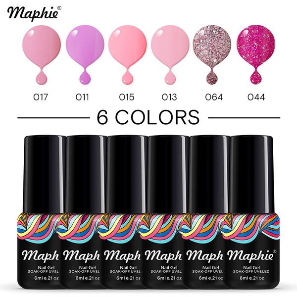 

maphie 6pcs/lot gel polish sets glitter gel lacquer soak off semi permanent led need base coat christamas series color, Red;pink