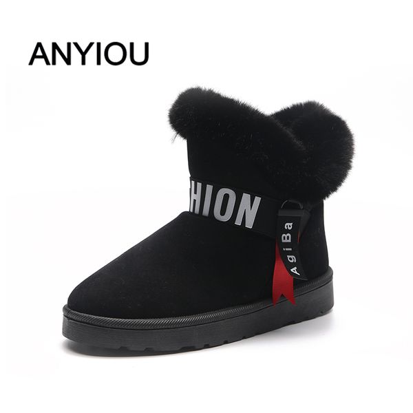

anyiou casual flat shoes woman footwear women's winter ankle boots female zipper flock platform snow boot ladies plush sneakers, Black