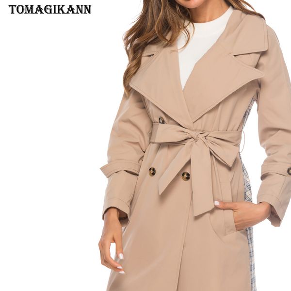 

back plaid patchwork double breasted women long trench 2018 autumn winter waist belt turn down collar lady cardigan outerwears, Tan;black