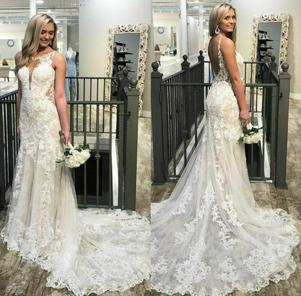 

2020 sheer neck mermaid wedding dresses with court train appliques backless castle wedding gown illusion lace bridal gowns custom made, White