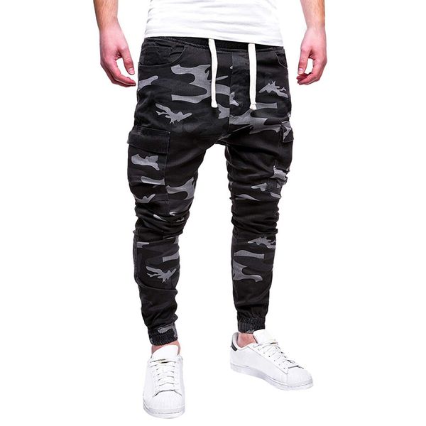 

fashion men's pants sport camouflage lashing belts casual loose sweatpants drawstring pant casual long male pants, Black