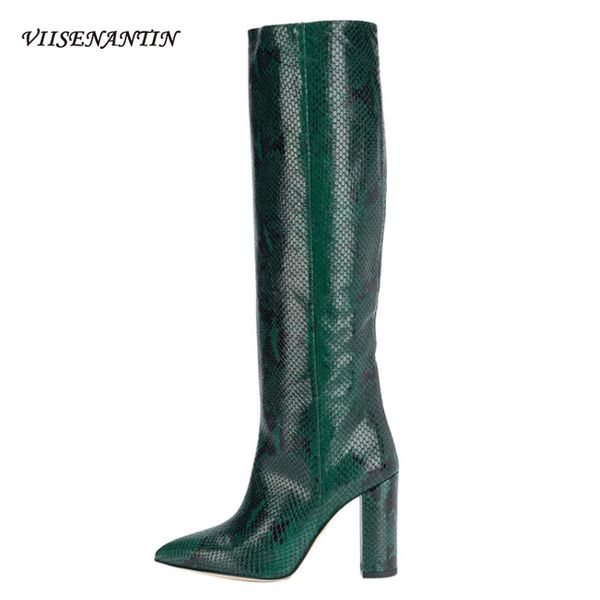 

viisenantin women party shoes knee-high block heel pointed toe bootie crocodile pattern female fashion 2019 new bota plus size, Black