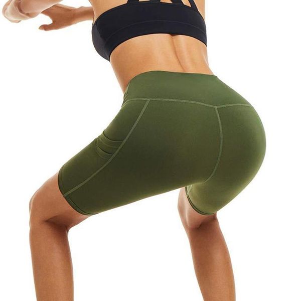 

yoga outfits 2021 summer high waist double pockets shorts abdomen control training running pants feminino solid color skinny women short, White;red
