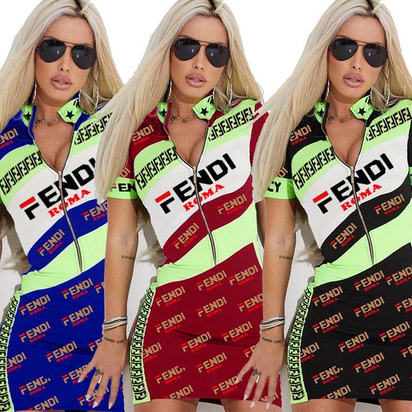 

Sexy Women Bodycon Dresses Summer FF Roma Zipper Designer Short Sleeved Dress