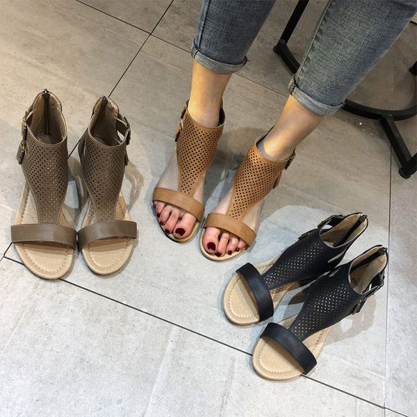 

summer sandals women ladies hollow out ankle buckle wedges pu leather shoes casual vintage peep toe female sandals 2020 beach, Black