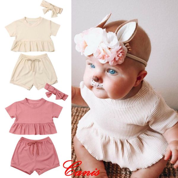

newborn kids baby boy girl clothes ruffles +shorts outfits sunsuit summer baby clotehs 3fs, Pink;blue