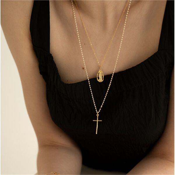 

bohemian layered cross pendant necklace trendy simple jesus virgin mary bead chain necklace christian couple jewelry, Silver