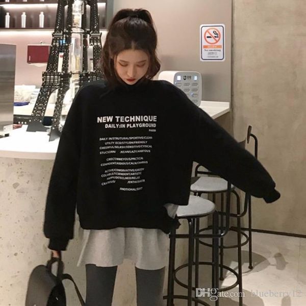

women sweatshirt letter print fake 2 pieces women sweatshirts turtleneck neck long sleeve sweatshirts autumn winter fleece pullovers, Black