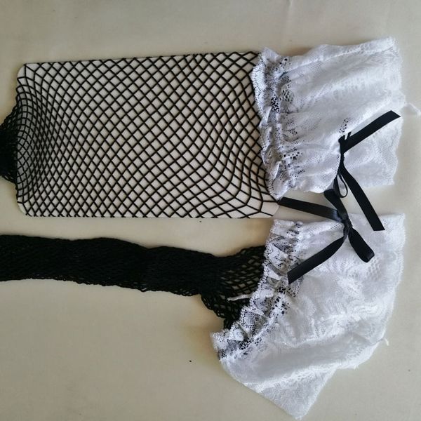 

women black fishnet and white lace stockings over the knee thigh high stockings women pantyhose bow womens lingerie, Black;white