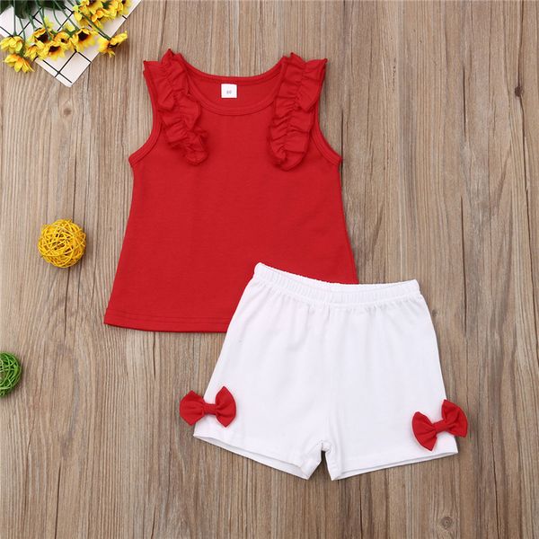 

summer baby girl kids clothes red sleeveless round collar white bow shorts 2piece set kids designer clothes girls jy481