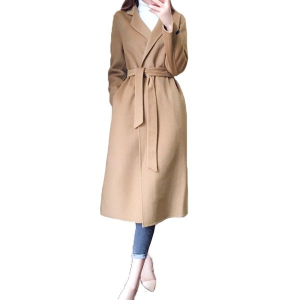 

2019 new spring autumn women woolen coat fashion turn down collar belt wool jacket plus size female elegant long sleeve coats, Black