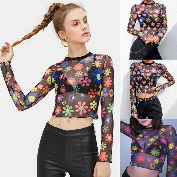 

women spring sparkle mesh sheer see-through long sleeve crop ladies autumn floral slim t-shirt, White