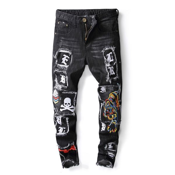 

new brand fashion designer men's skinny jeans male casual distressed ripped tiger skull embroidered patches stretch denim pants, Blue