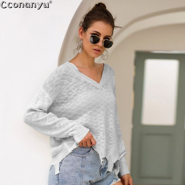 

women v-neck sweater irregular sweaters casual new loose tassel fashion long sleeve knit pullovers, White;black