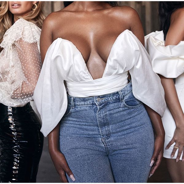 

fashion white deep v neck women's blouses, off shoulder, strapless, women's blouse 2020, with bow, lace-up, open back