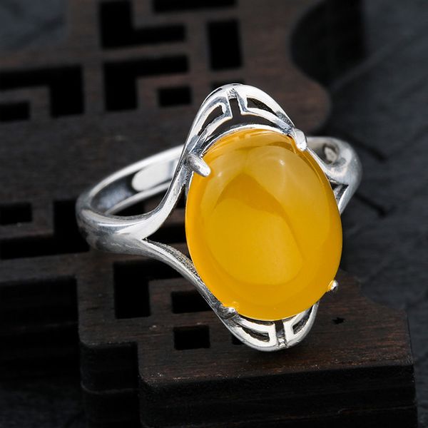 

10*14mm not fake s925 sterling silver ukraine amber rings exaggerated rings health rich lithuania retro chalcedony, Golden;silver