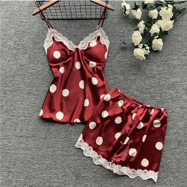 

women's sleepwear satin dot print pajama set white lace v-neck pyjamas sleeveless cute cami and shorts pizama damska, Blue;gray