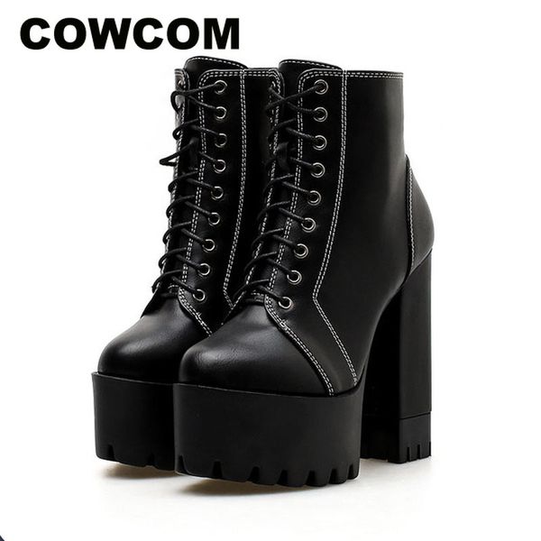 

cowcom 2020 spring women platform boots autumn winter simple line high-heeled thick ankle boots shoes woman jxq, Black