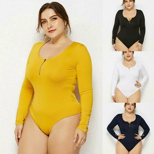 

brand new women jumpsuit plus size long sleeve button zipper v neck solid bodysuit skinny solid autumn fashion 2019, Black;white