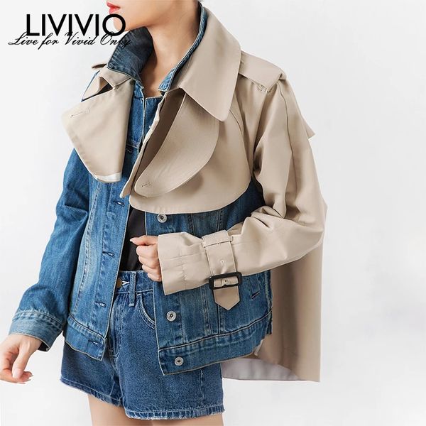 

livivio] trench denim patchwork women' jacket long sleeve irregular autumn female coat 2019 fall fashion clothing streewear, Black;brown