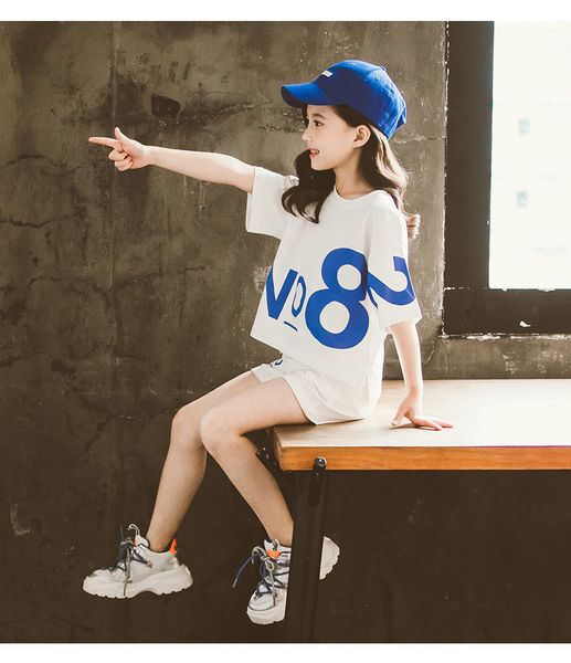 

children's clothing girls suit summer 2020 new medium and large children's short-sleeved sports two-piece casual tide clothes, White
