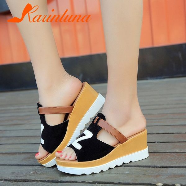 

karinluna 2019 new fashion wedges flat platform non-slip shoes woman casual party soft summer slippers big size 35-40, Black