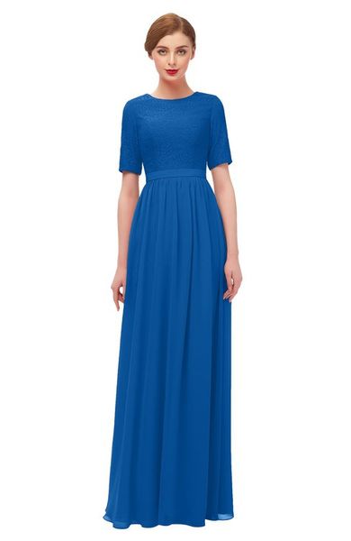 Abiti da damigella d'onore modesti in chiffon di pizzo blu royal con mezze maniche A-line lunghezza del pavimento Abito da damigella d'onore modesto country occidentale