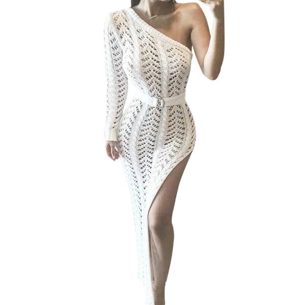 

2019 new women sweater dress one shoulder long sleeve high split hollow out party dresses solid slim knitted dress vestidos, Black;gray
