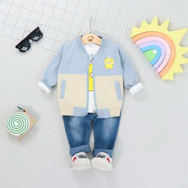 

autumn baby boy clothes for girl 3pcs long sleeve cartoon t-shirt+zipper jacket coat+denim pants casual kids outfits, White