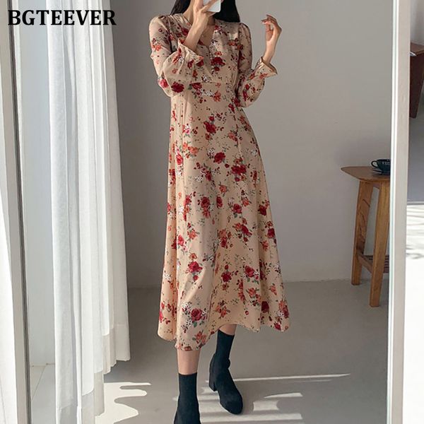 

bgteever vintage v-neck full sleeve women dress floral print elegant long dress female high waist party vestidos 2020 summer, Black;gray