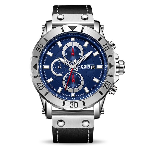 

megir chronograph sport mens watches brand luxury leather quartz watch men clock wristwatches relogio masculino reloj hombre, Slivery;brown