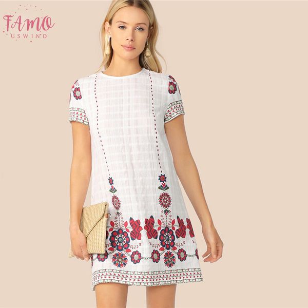 

bohemian white floral print textured tunic summer dress women 2019 o neck zip back straight short elegant dresses, Black;gray