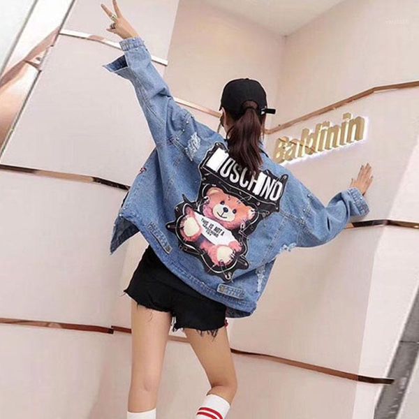 

female jacket 2019 sequins pearls punk batwing sleeve women's denim jacket ladies loose vintage streetwear jeans jackets coat1, Black;brown