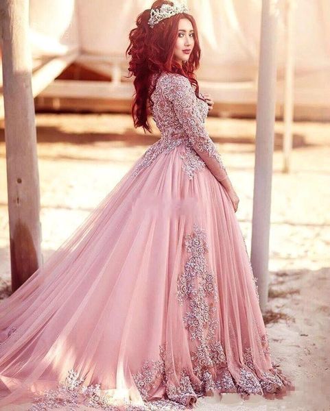 

custom ball gown long sleeves evening dresses princess muslim sequins beaded illusion puffy court train prom red carpet runway gowns, Black;red
