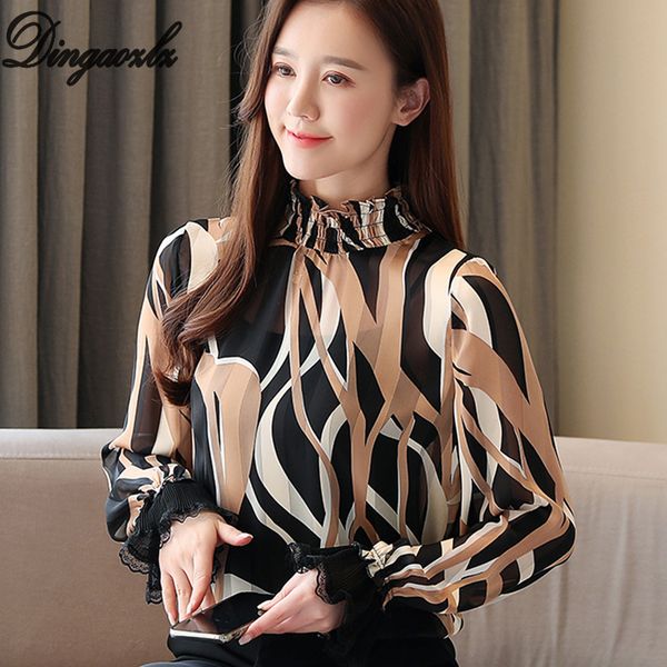 

dingaozlz elegant female printed chiffon blouse 2019 new fashion long sleeve chiffon shirt casual clothing women, White