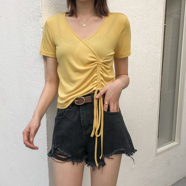 

five color optional drawstring short short sleeve t-shirt for women design feeling summer 2020 new, White