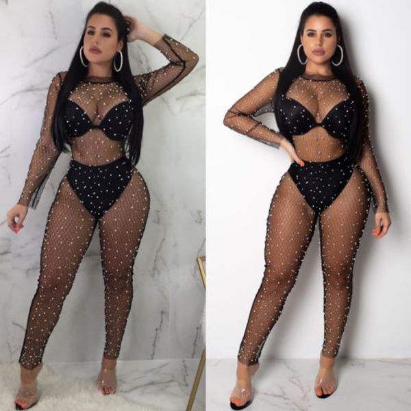 

2019 women crystal mesh bikini cover up pearl beading swimwear hollow backless bathing lady swimsuit beach jumpsuit smock, Blue;gray