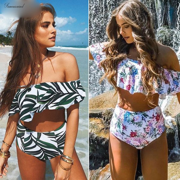 

2019 bikini high waist swimsuit ruffle suit women striped biquini swim modal bathing swimwear off shoulder swimwear bikinis women, White;black