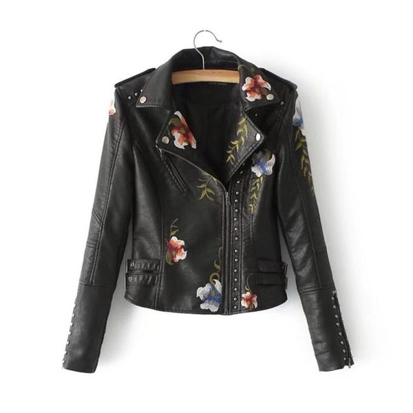 

2019 women floral print embroidery soft leather jacket coat casual necklace pu motorcycle black punk outerwear